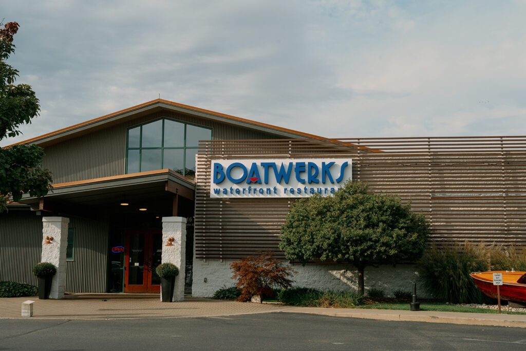 Exterior view of Boatwerks Waterfront in Holland Michigan with lakeside architecture perfect for an elegant waterfront wedding day