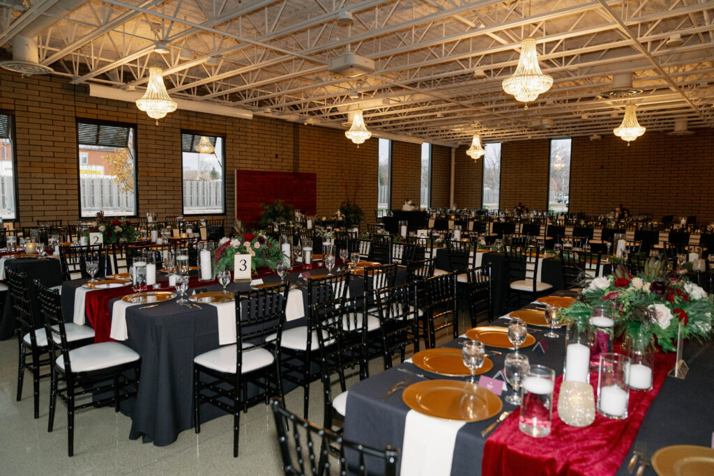 Reception space at Port 393 with modern decor and rooftop lighting for a contemporary Holland wedding