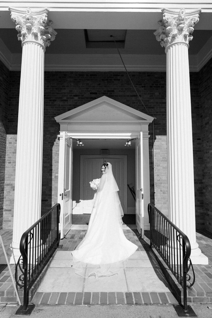black and white wedding ceremony moment Dearborn Michigan chapel