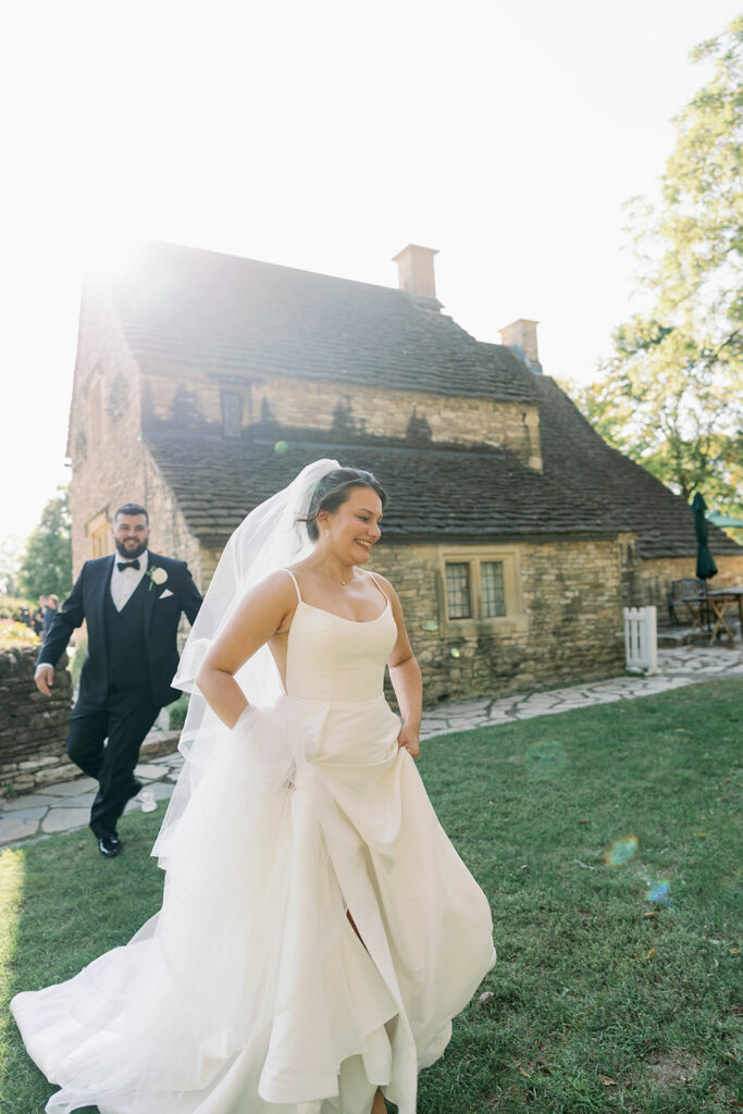 bride and groom cinematic running photo in michigan wedding 