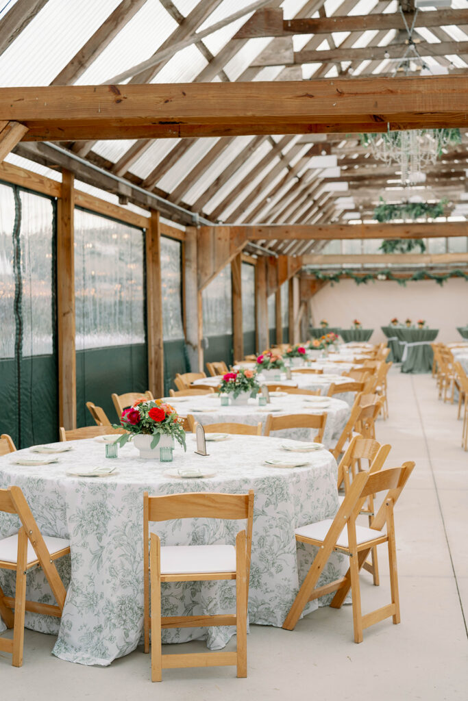 reception details with printed linens and floral centerpieces in Michigan