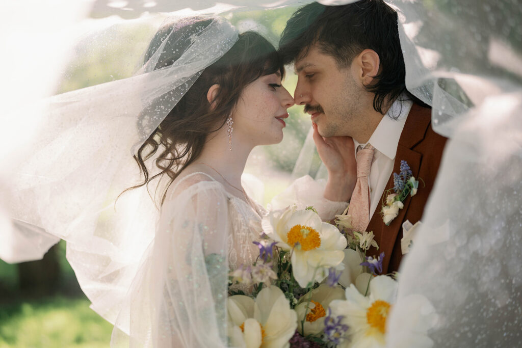 romantic veil moment bride and groom Record Box Loft wedding