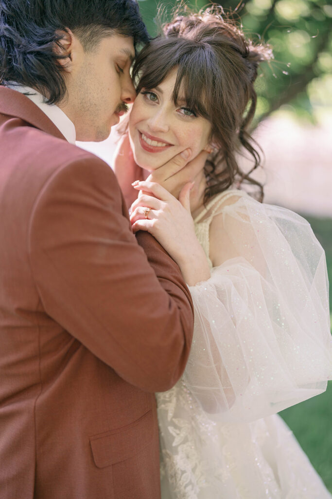 intimate close up bride and groom smiling wedding Michigan