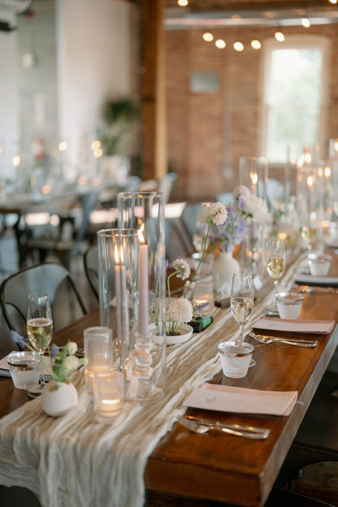 long reception table styling Record Box Loft wedding Battle Creek