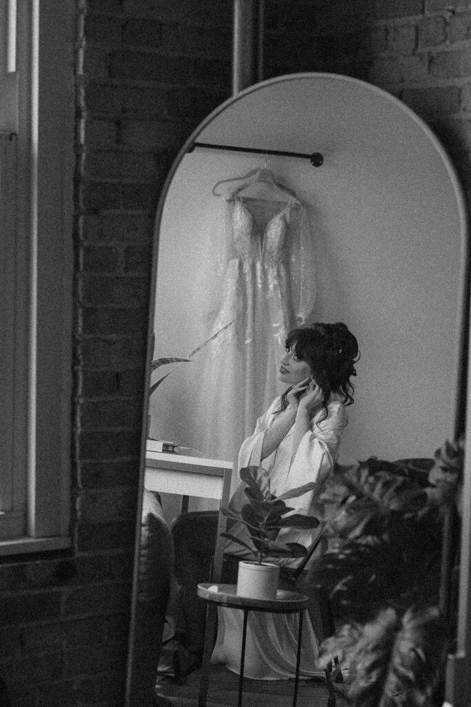 black and white bridal portrait mirror reflection wedding Michigan