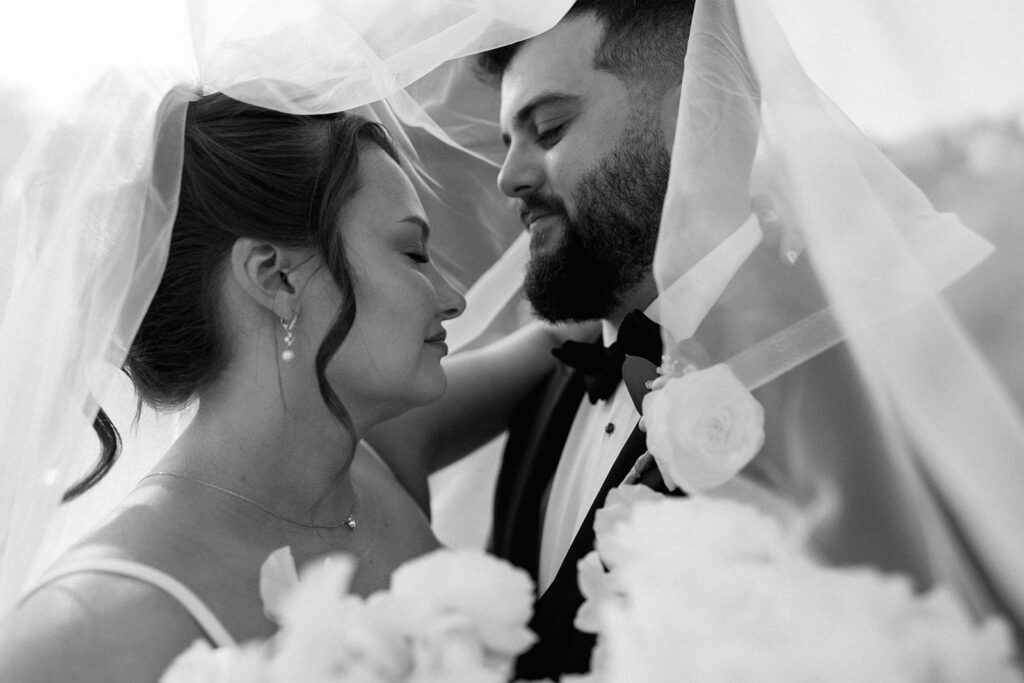 black and white wedding portrait of bride and groom 