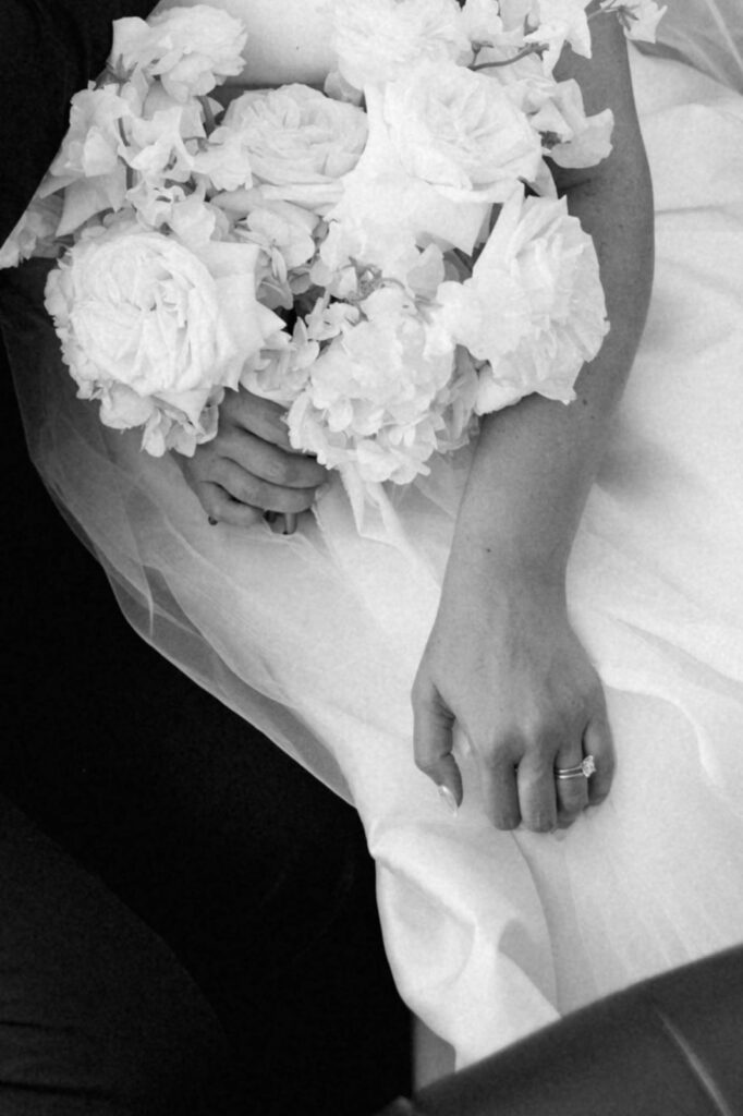 black and white close up bride and groom wedding photo
