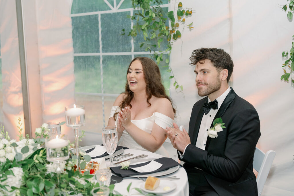 bride reacting to speech during reception Morris Estate