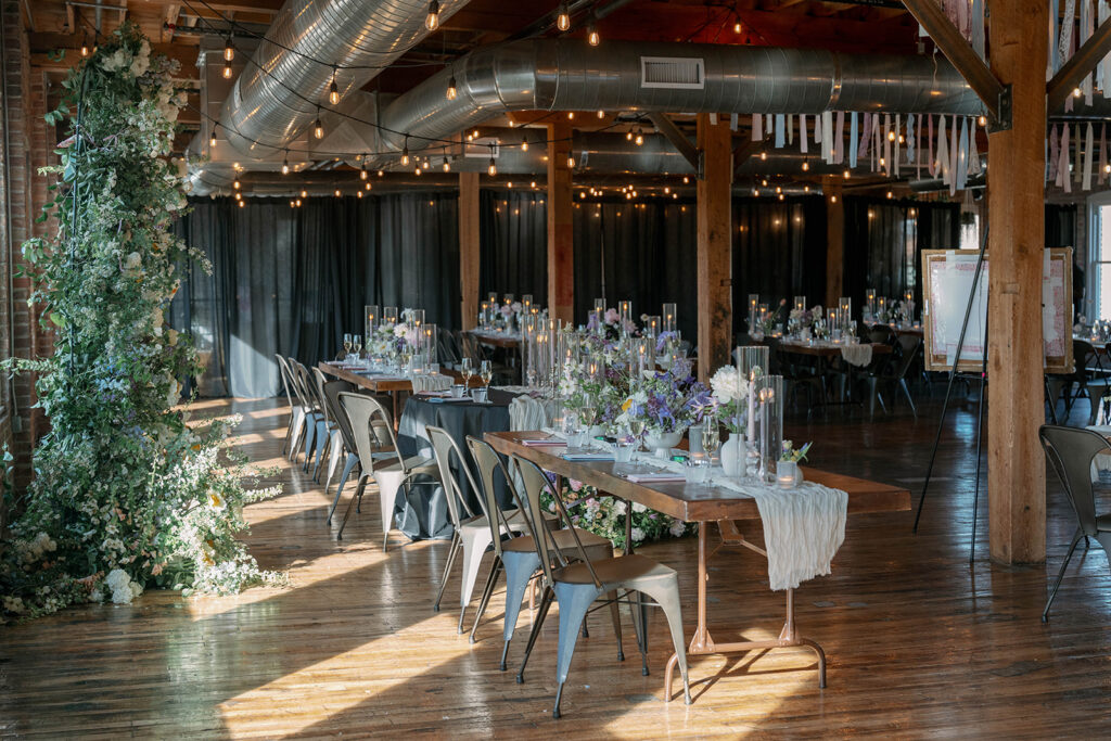 industrial wedding reception decor with candles Record Box Loft Michigan