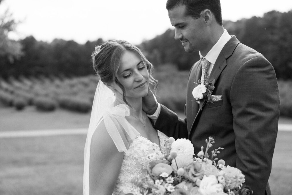 black and white portrait of bride and groom at Nugent Orchards wedding